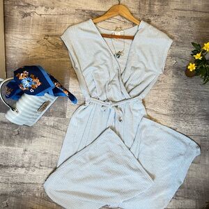 Caution To The Wind Pale Blue Pinstripe Wrap Jumpsuit